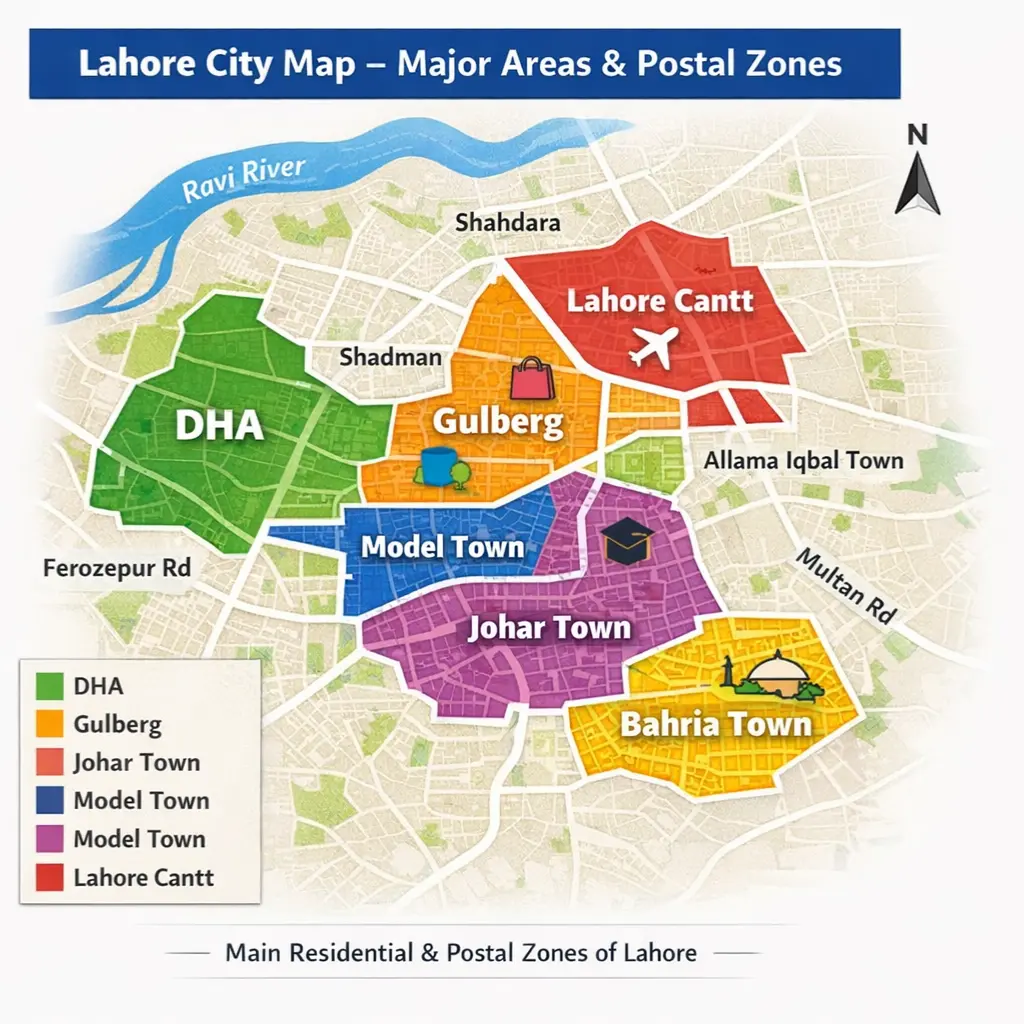 Lahore city map highlighting major towns - GharHub