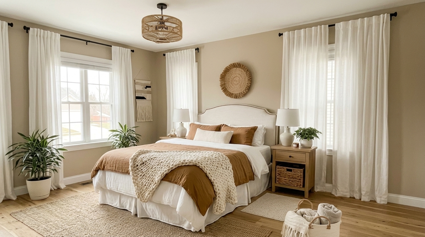 Warm Taupes and Creamy Whites bedroom design on Gharhub