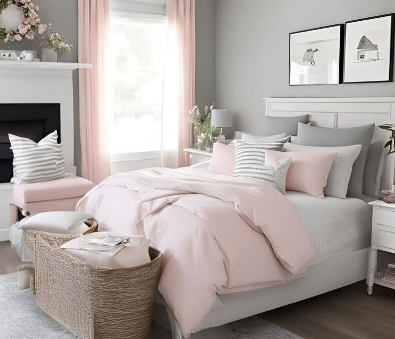 Elegant Greys and Dusty Pinks bedroom design at Gharhub