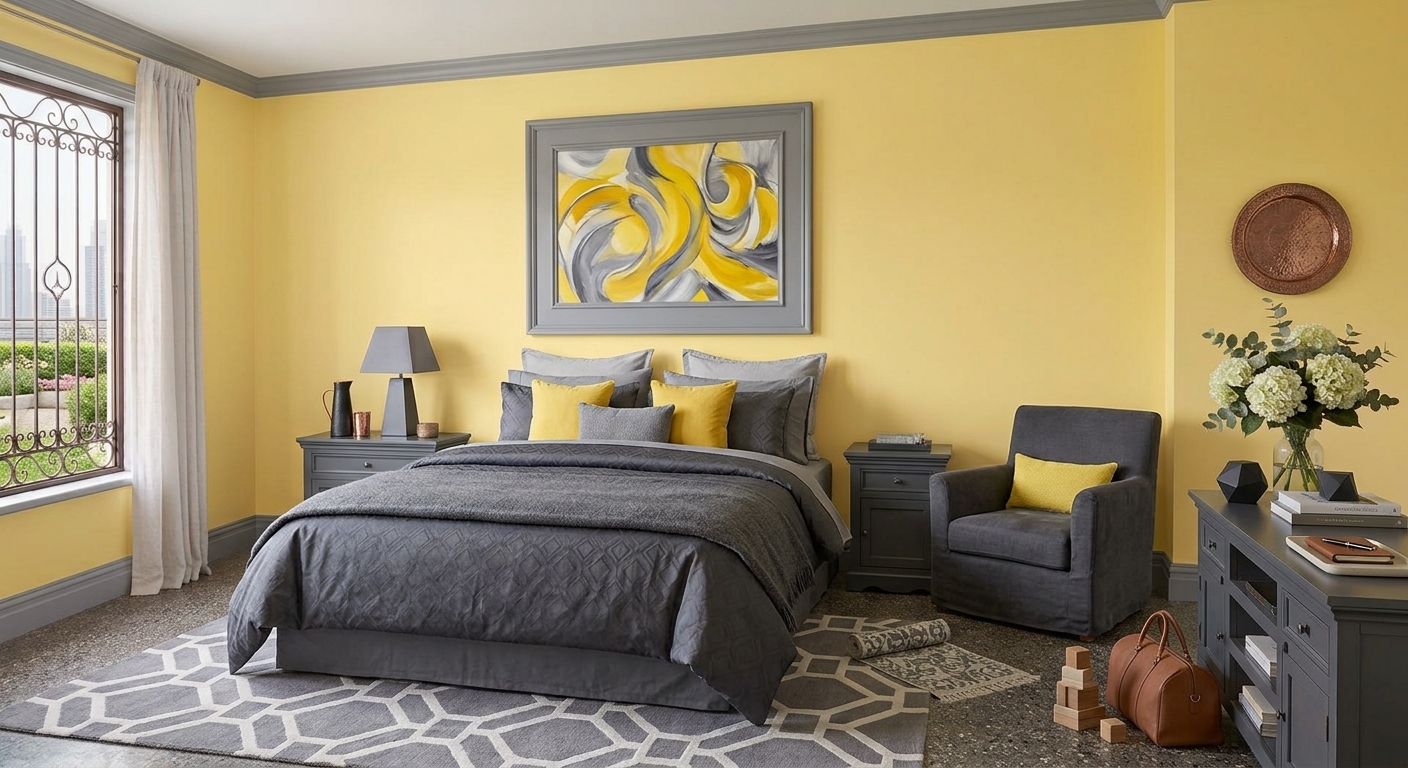 Sunny Yellows and Modern Greys bedroom design at GharHub
