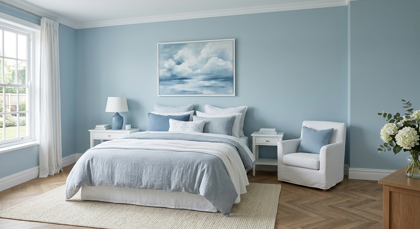 Tranquil Blues and Serene Whites bedroom design at GharHub