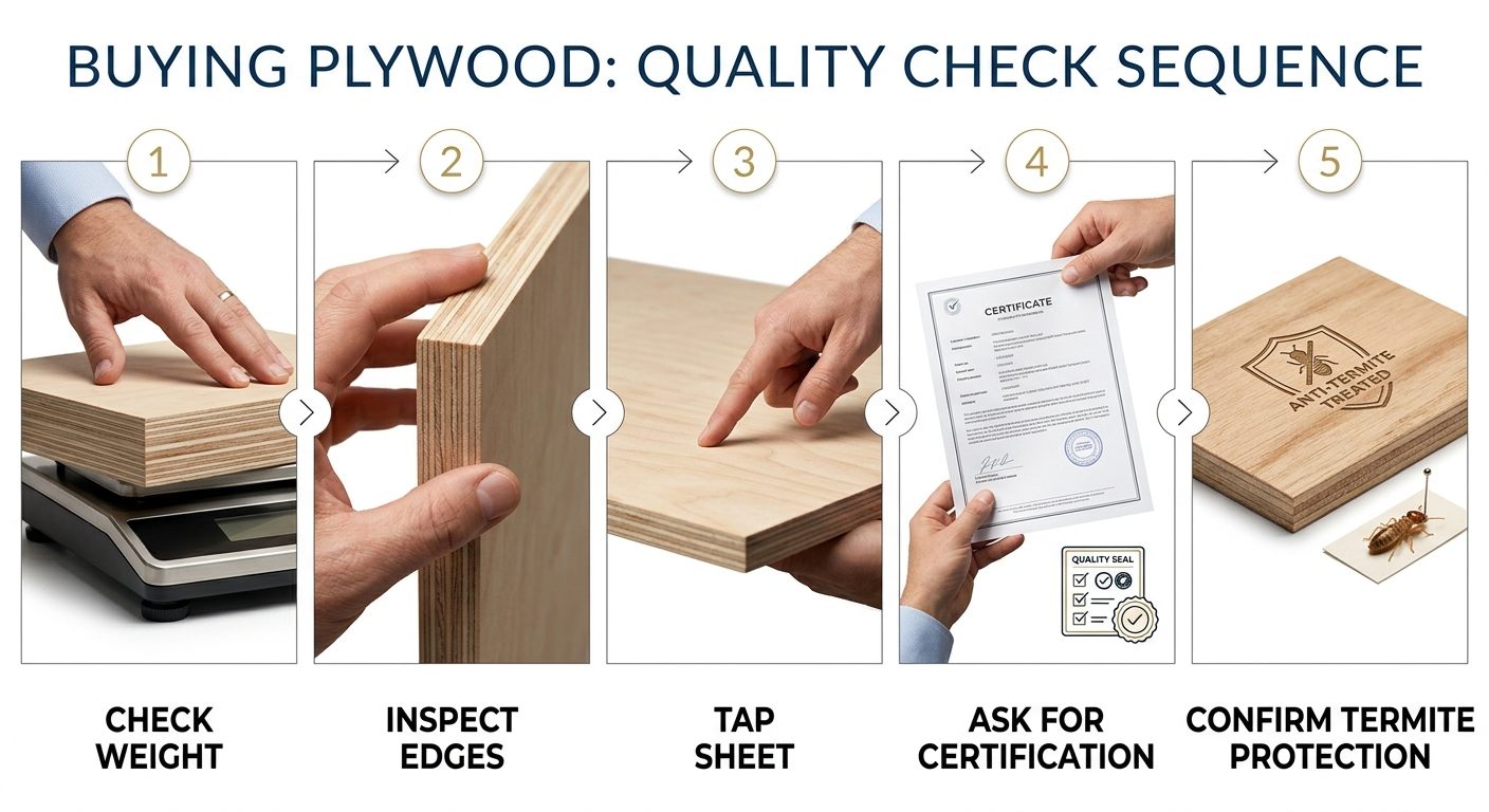 Gharhub outlines a quality check process for buying Plywood Sheet,
featuring steps like inspecting the edges and checking the weight.