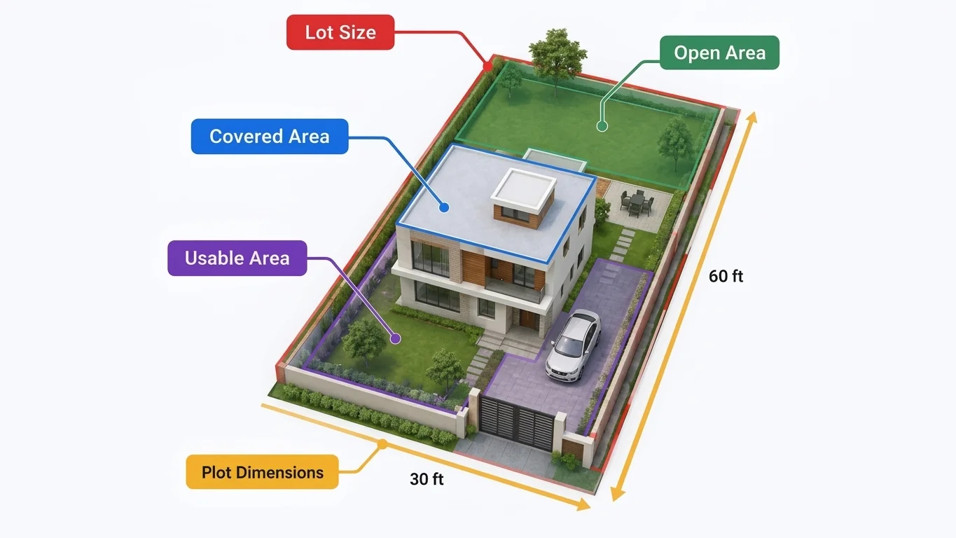 Lot size and covered area are not the same thing. Learn more About it on Gharhub