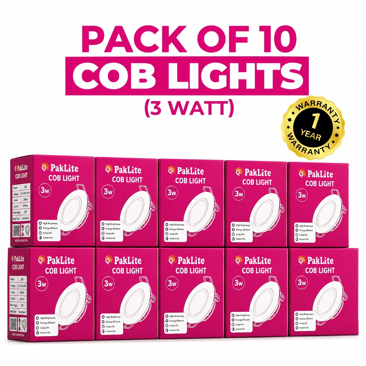 Paklite Pack of 10 LED COB Light 3w